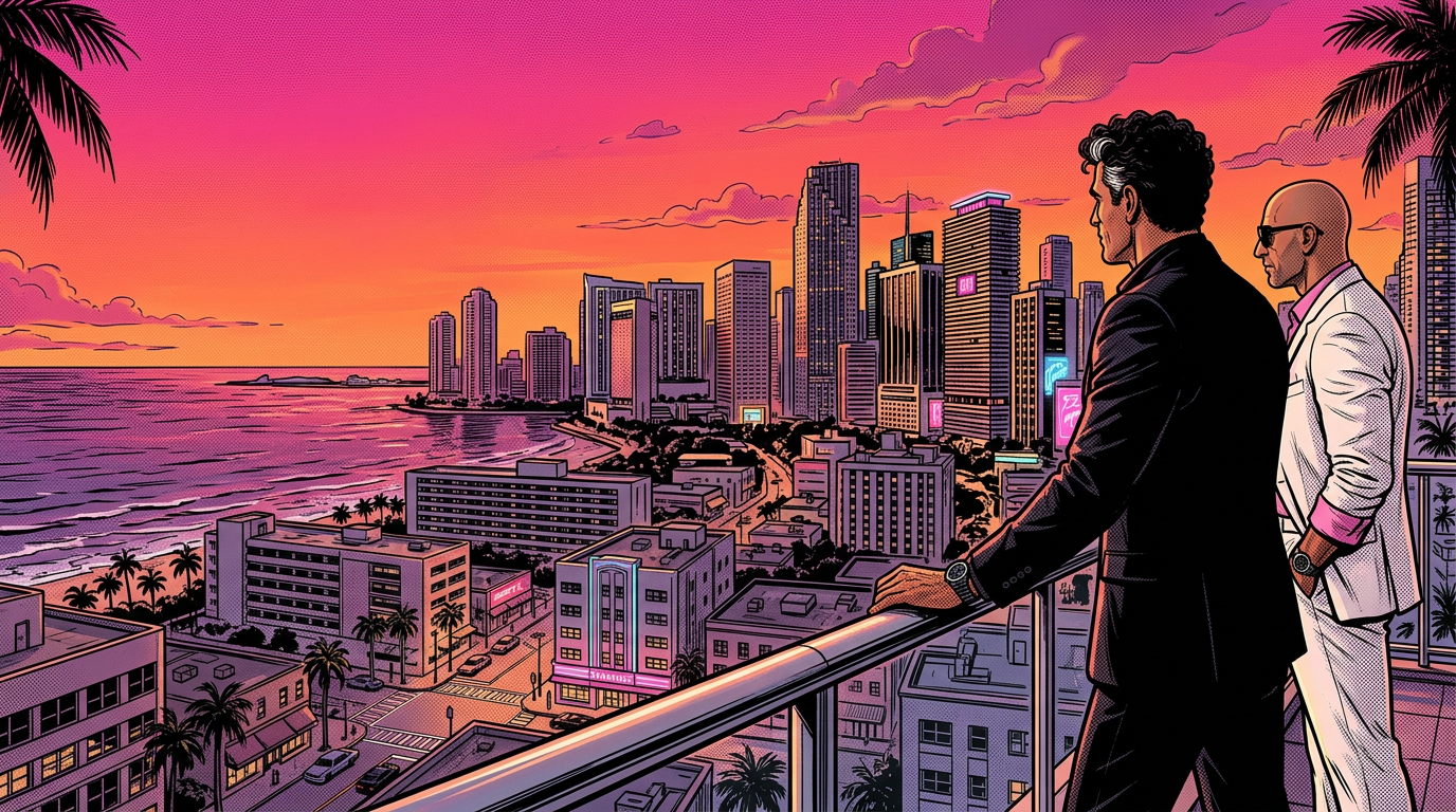 Robert and Daniel on a balcony overlooking the Miami skyline at sunset