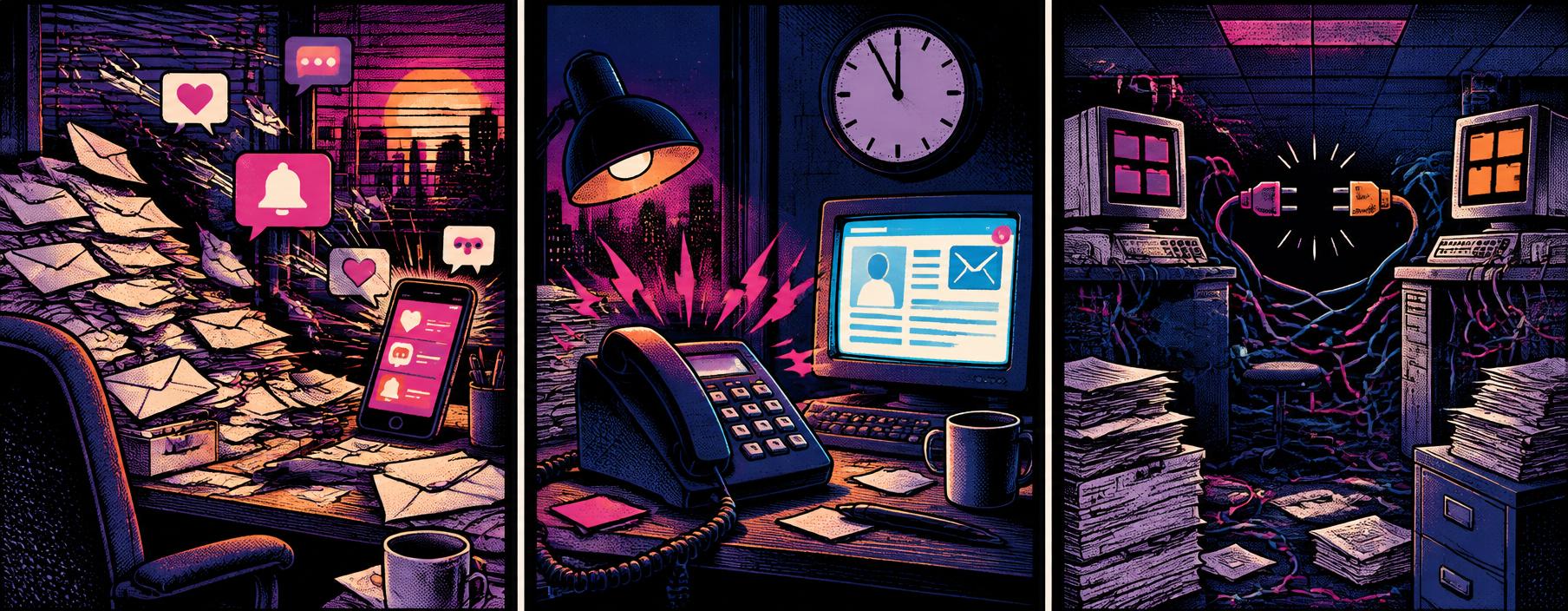 Comic strip: overflowing messages, an unanswered lead late at night, and disconnected systems